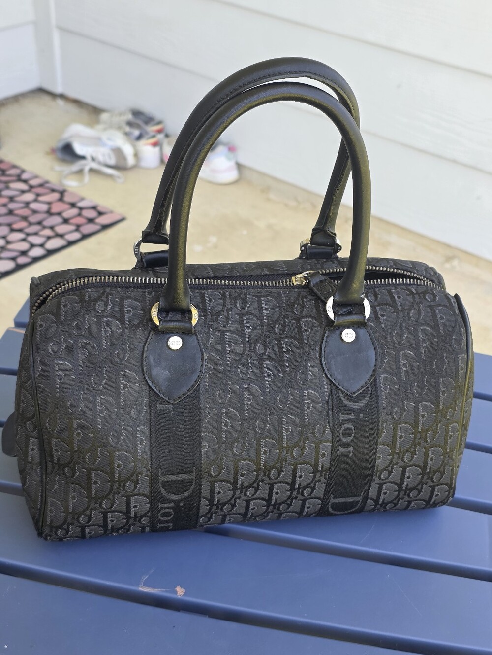 Christian Dior Trotter Monogram Boston Satchel Black Canvas Leather Handbag - Picture 3 of 13
